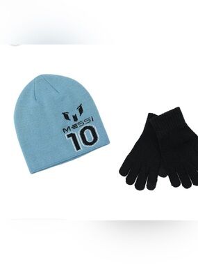 Messi Soccer 10 Light Blue Knit Beanie with Black Gloves